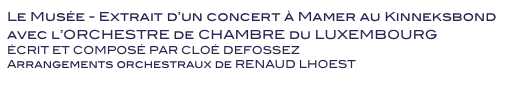 Le Musée - Extrait d’un concert à Mamer au Kinneksbond
avec l’ORCHESTRE de CHAMBRE du LUXEMBOURG 
ÉCRIT ET COMPOSÉ PAR CLOÉ DEFOSSEZ 
Arrangements orchestraux de RENAUD LHOEST